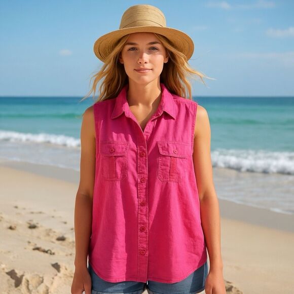 Coastal Pink Sleeveless Linen Blend Top Resortwear Vibes 2X - Picture 1 of 13